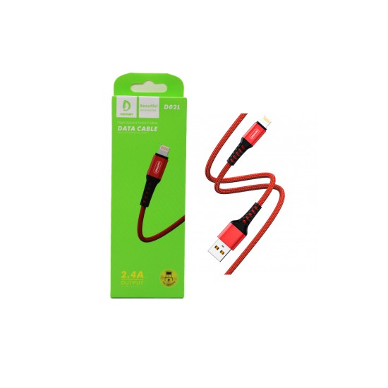 DENMEN FAST CHARGING DATA CABLE D02L FOR IPHONE 2.4A RED